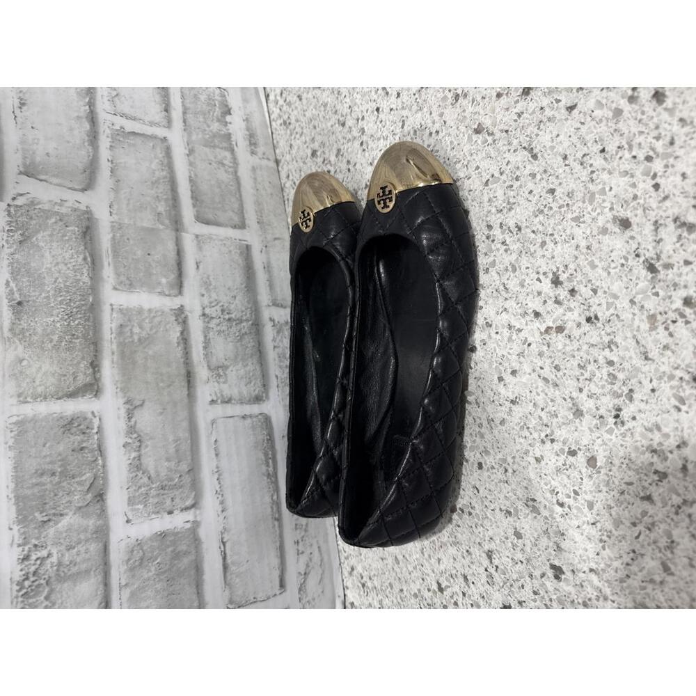 Tory Burch Black Quilted Leather Ballet Flats with Gold Cap Toe